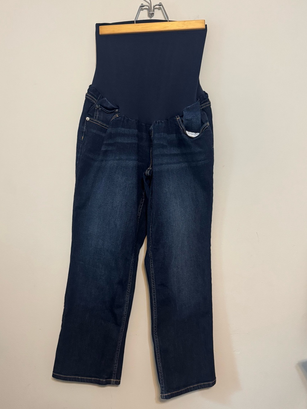Indigo Blue Dark Blue Straight Leg Maternity Jeans with Black Belly Panel Sz L